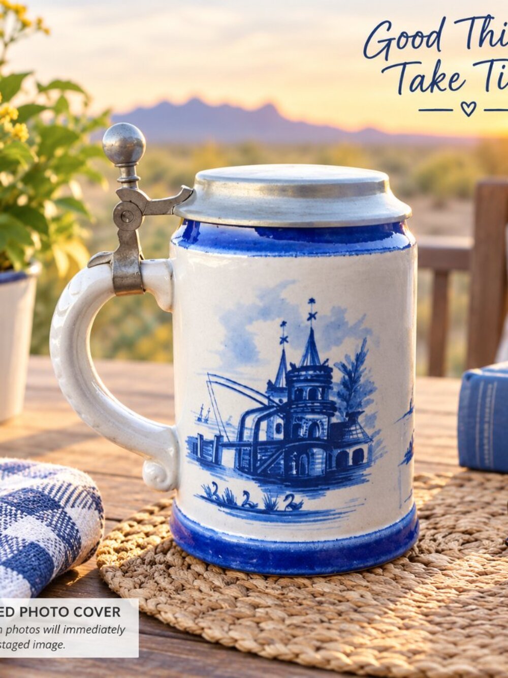Marzi & Remy Cobalt Castle & Swan Stein – German Salt‑Glazed Stoneware 5"